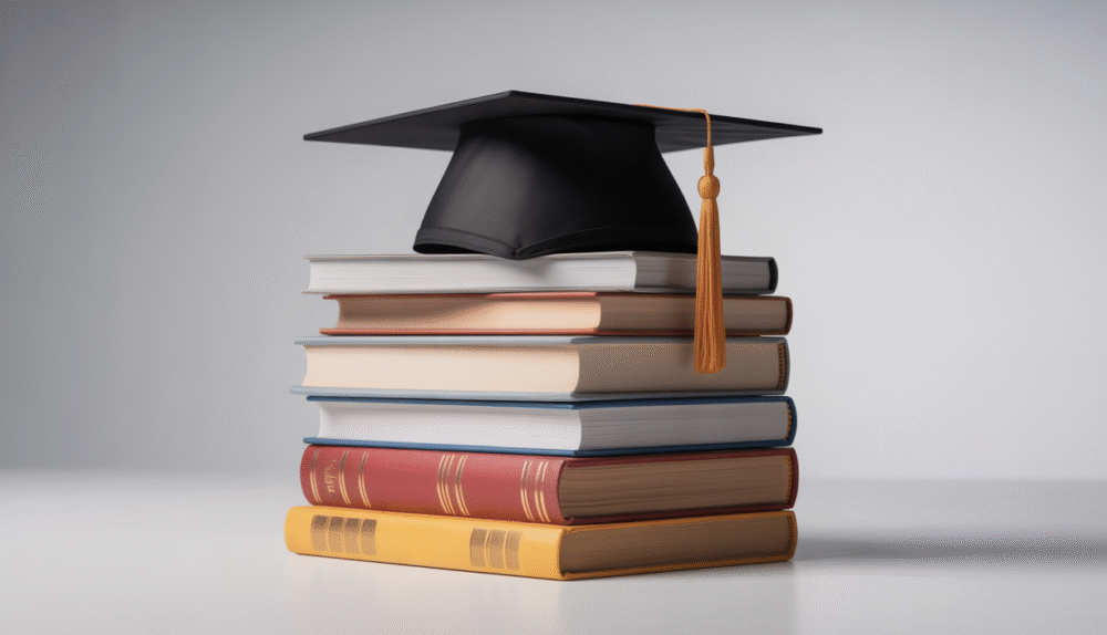 Academic books stacked with graduation cap