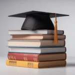 Academic books stacked with graduation cap