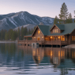 Cozy lakeside lodge at Big Bear Lake with snow-capped mountains