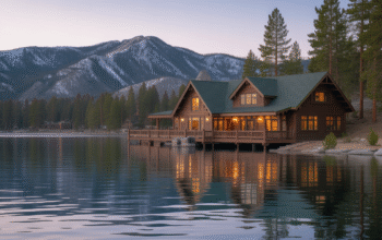 Cozy lakeside lodge at Big Bear Lake with snow-capped mountains