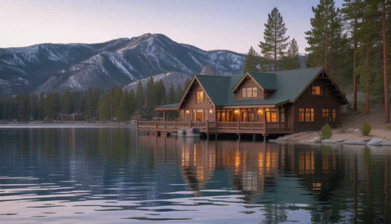 Cozy lakeside lodge at Big Bear Lake with snow-capped mountains