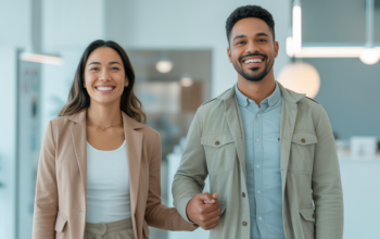 Couple smiling hopefully in a modern fertility clinic, representing the journey to parenthood through egg donation.