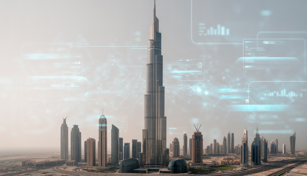 High-rise building in Dubai with subtle digital interface overlay representing modern facility management and smart technology.