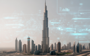 High-rise building in Dubai with subtle digital interface overlay representing modern facility management and smart technology.
