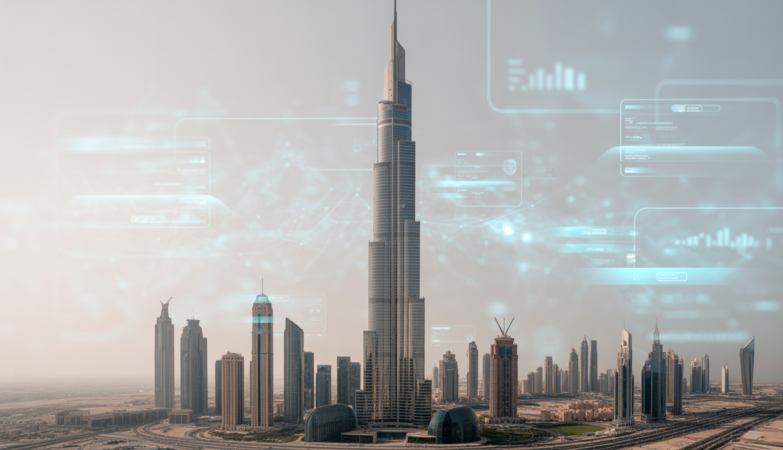 High-rise building in Dubai with subtle digital interface overlay representing modern facility management and smart technology.