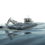 A modern cutterhead dredge operating in clear water, highlighting advanced technology and efficient water management for rental projects.