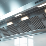 Modern commercial kitchen with a prominent, clean stainless steel exhaust hood and fire suppression system, emphasizing restaurant fire safety.