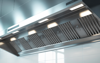 Modern commercial kitchen with a prominent, clean stainless steel exhaust hood and fire suppression system, emphasizing restaurant fire safety.