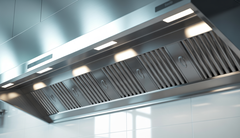 Modern commercial kitchen with a prominent, clean stainless steel exhaust hood and fire suppression system, emphasizing restaurant fire safety.