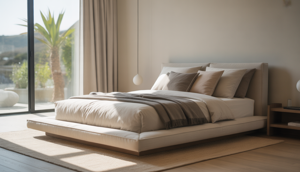 Modern bedroom interior with a platform bed, neutral colors, and minimalist design