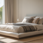 Modern bedroom interior with a platform bed, neutral colors, and minimalist design