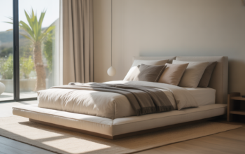 Modern bedroom interior with a platform bed, neutral colors, and minimalist design