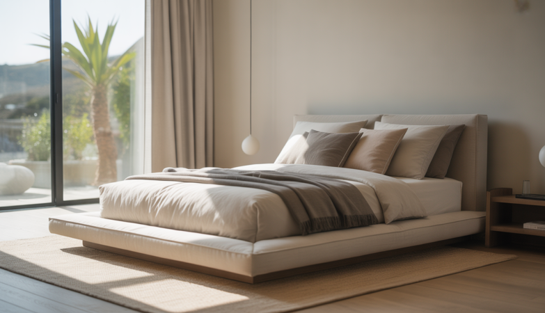 Modern bedroom interior with a platform bed, neutral colors, and minimalist design