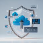 Digital shield protecting abstract cloud computing elements, symbolizing SaaS legal security and agreement.