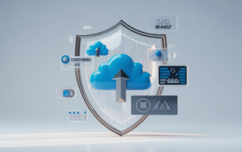 Digital shield protecting abstract cloud computing elements, symbolizing SaaS legal security and agreement.