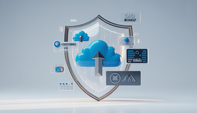 Digital shield protecting abstract cloud computing elements, symbolizing SaaS legal security and agreement.