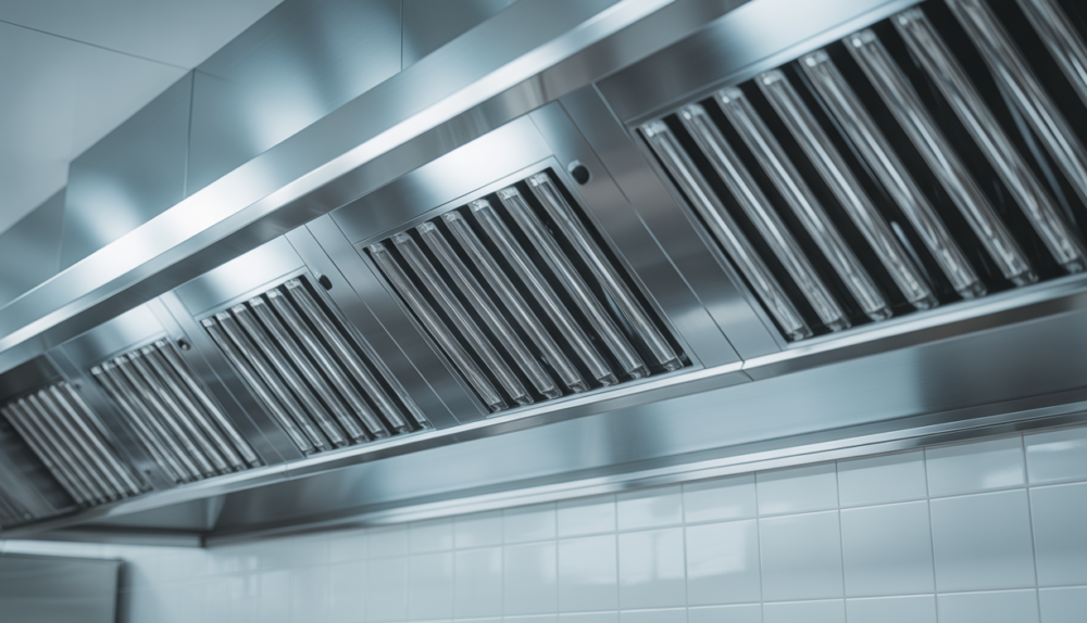 Clean and polished commercial kitchen exhaust hood after professional cleaning
