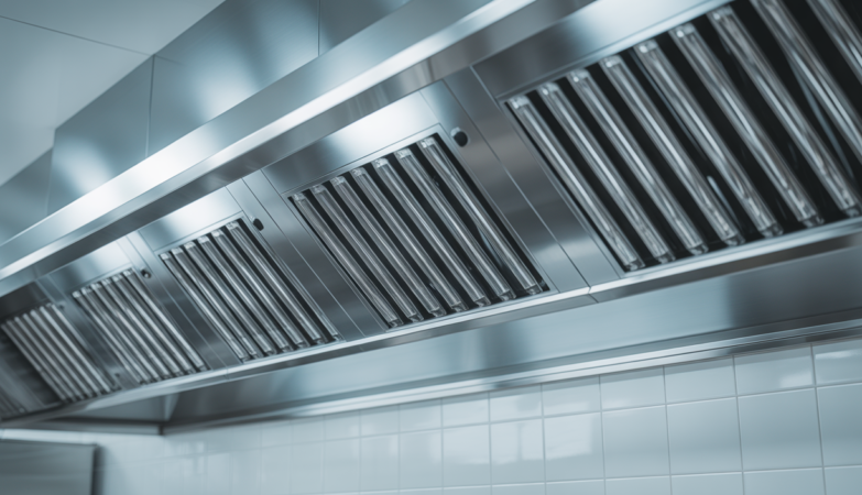Clean and polished commercial kitchen exhaust hood after professional cleaning
