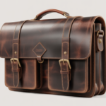 High-quality wide angle shot of a vintage full-grain leather messenger bag with brass buckles on a clean background