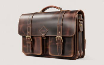 High-quality wide angle shot of a vintage full-grain leather messenger bag with brass buckles on a clean background