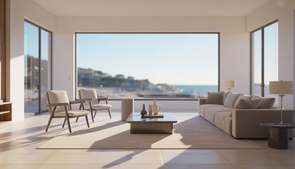 A sparkling clean, modern living room with a blurred view of the Santa Cruz coastline through the window, symbolizing a pristine home and more free time.