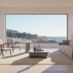 A sparkling clean, modern living room with a blurred view of the Santa Cruz coastline through the window, symbolizing a pristine home and more free time.
