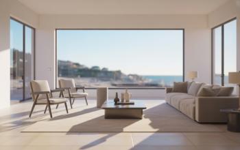 A sparkling clean, modern living room with a blurred view of the Santa Cruz coastline through the window, symbolizing a pristine home and more free time.