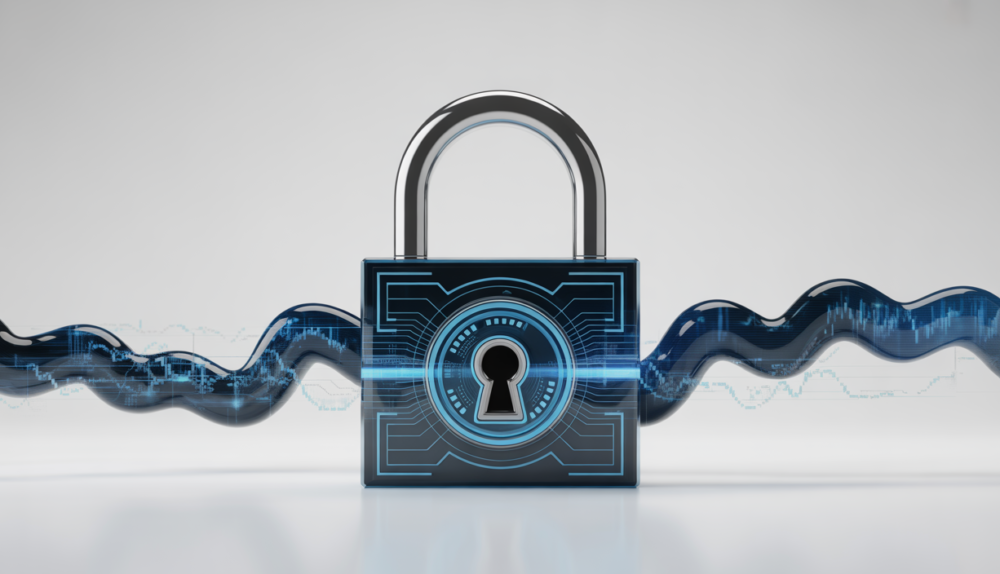 Secure digital padlock over abstract cryptocurrency data, symbolizing safe crypto trading platform choices in the USA.