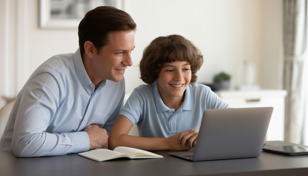 Parent and high school student reviewing college planning checklist on a laptop, symbolizing future education preparation.