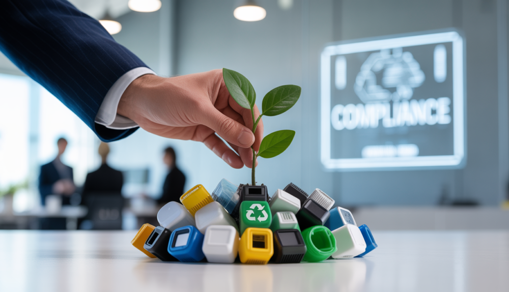 Hand nurturing a plant amidst recyclable waste, symbolizing environmental responsibility and business compliance with EPR registration.