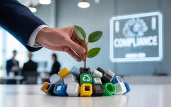 Hand nurturing a plant amidst recyclable waste, symbolizing environmental responsibility and business compliance with EPR registration.