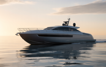A tranquil scene of a professional funeral vessel on the calm Pacific Ocean at sunrise, representing a dignified burial at sea service in Southern California.