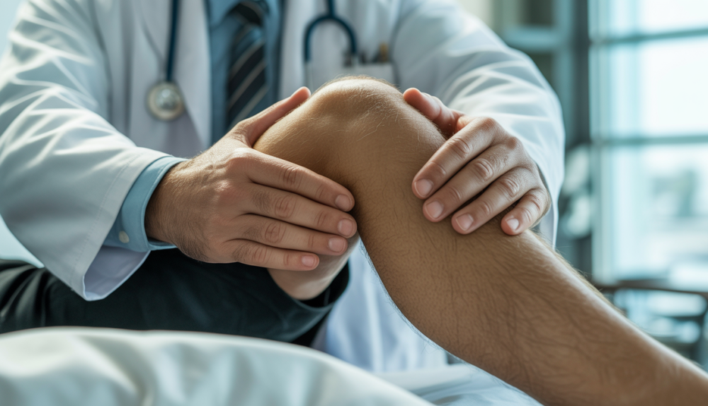 Orthopedic surgeon examining a patient's knee, representing expert care and trust.