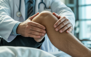 Orthopedic surgeon examining a patient's knee, representing expert care and trust.