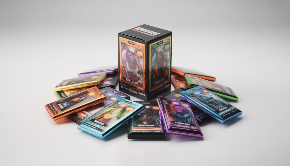 High-quality product photo of sealed collectible trading card booster packs and a sealed booster box on a clean white background