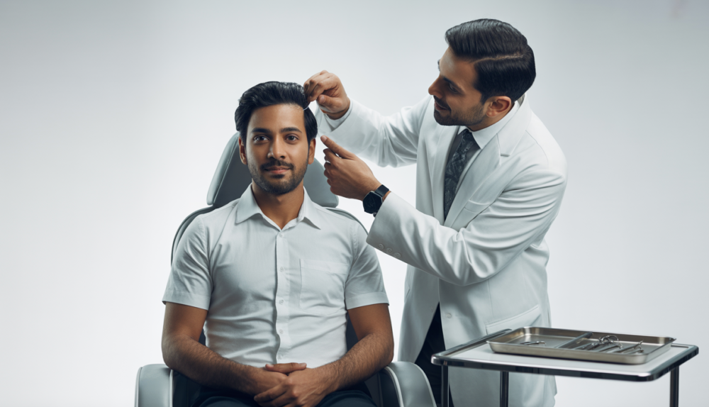 Confident Indian male patient consulting with a hair transplant surgeon in a modern clinic setting on a neutral white background