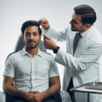 Confident Indian male patient consulting with a hair transplant surgeon in a modern clinic setting on a neutral white background