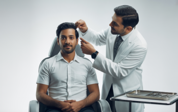 Confident Indian male patient consulting with a hair transplant surgeon in a modern clinic setting on a neutral white background