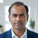 Photorealistic image of a confident middle-aged Indian man showing natural hair transplant results against a clean white background