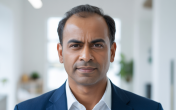 Photorealistic image of a confident middle-aged Indian man showing natural hair transplant results against a clean white background