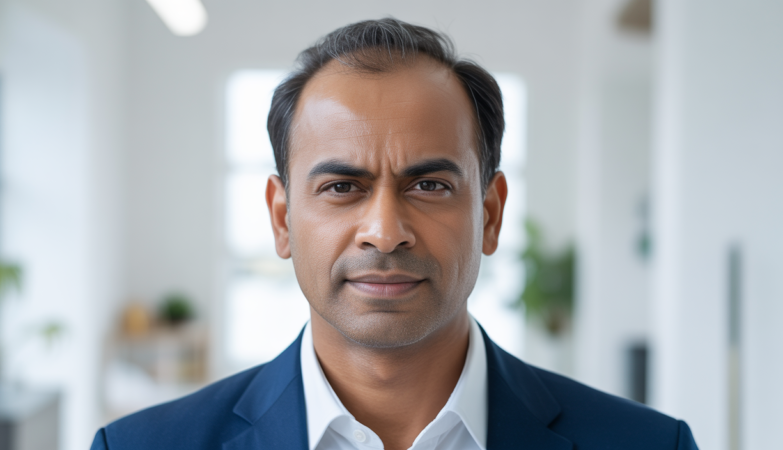 Photorealistic image of a confident middle-aged Indian man showing natural hair transplant results against a clean white background