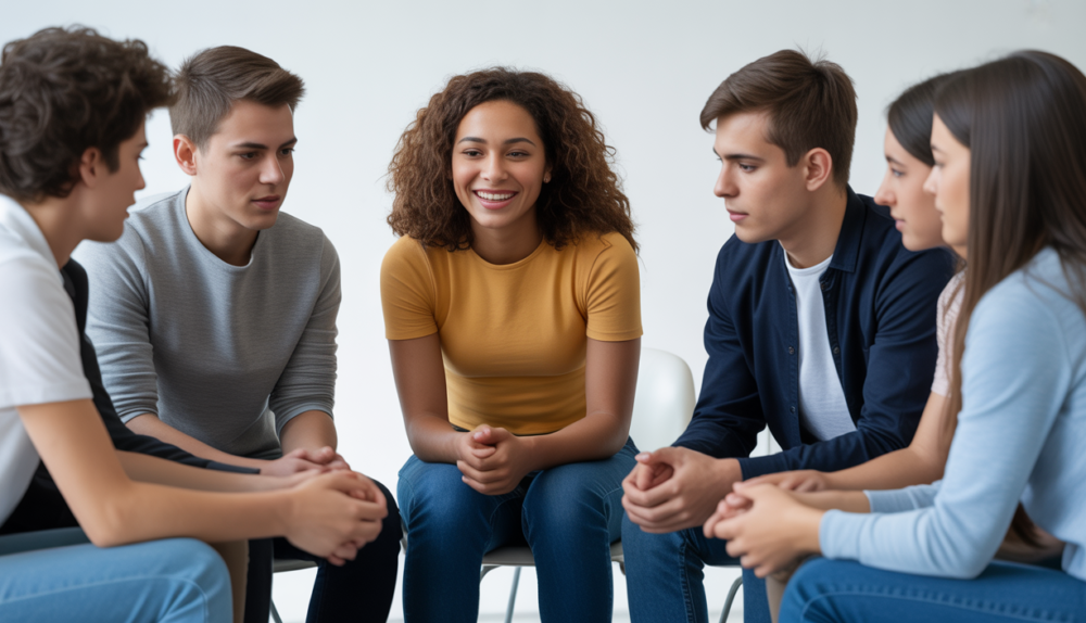 Diverse group of young people participating in an in-person peer support session with empathetic interaction
