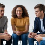 Diverse group of young people participating in an in-person peer support session with empathetic interaction