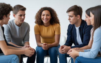 Diverse group of young people participating in an in-person peer support session with empathetic interaction