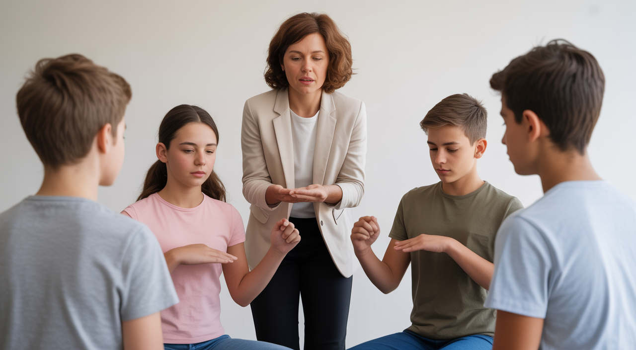 Teens participating in an in-person peer support group, sharing experiences and coping strategies together.