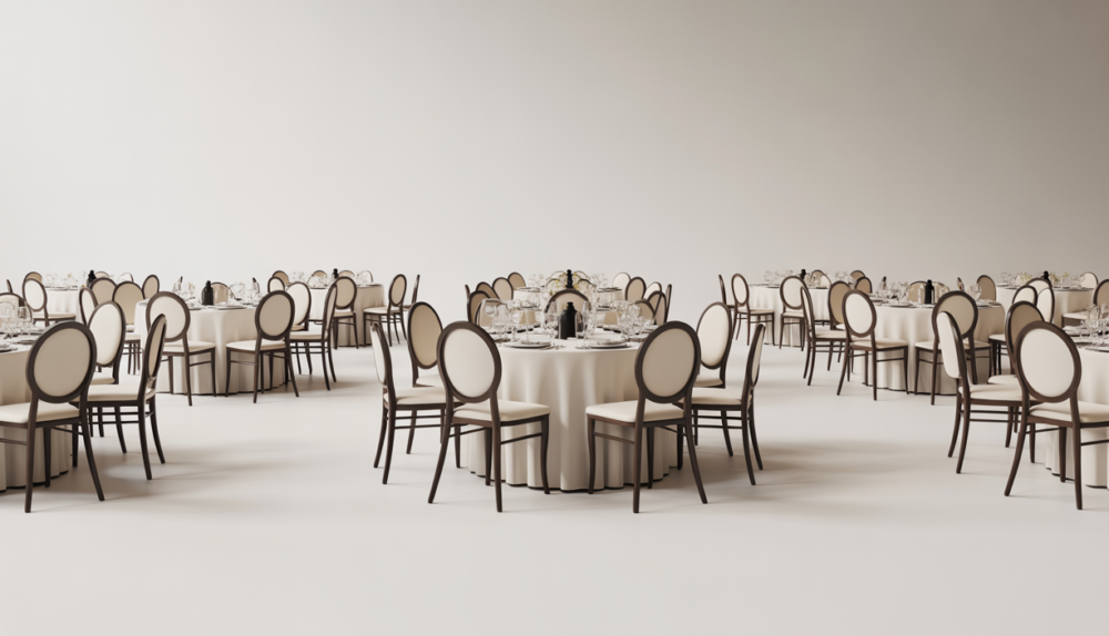 Elegant indoor party setup with banquet chairs and tables in a stylish event hall