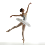 A graceful young ballet dancer in elegant attire performing on a clean white background, representing youth ballet programs