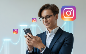 Photorealistic image of a young entrepreneur checking Instagram follower growth on smartphone with clean white background