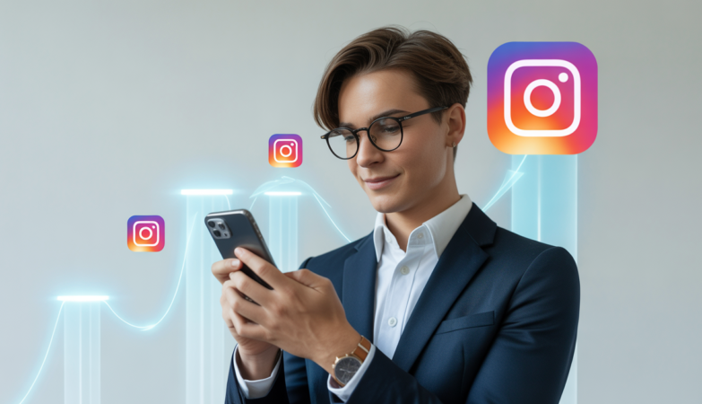 Photorealistic image of a young entrepreneur checking Instagram follower growth on smartphone with clean white background