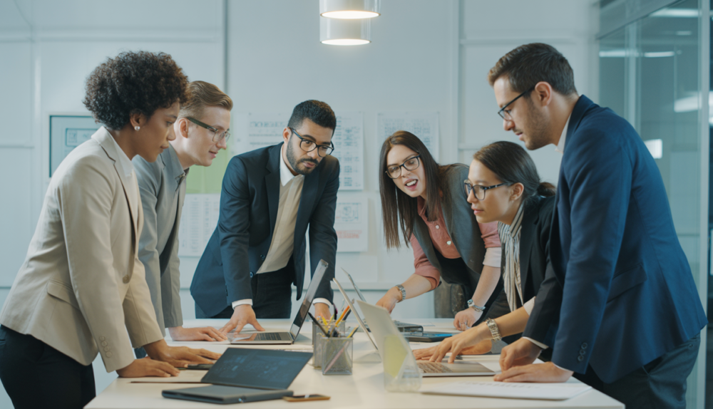 Photorealistic image of a modern collaborative office setting focused on website design professionals working together